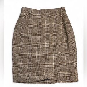 Vintage Louis Feraud Women's Brown Houndstooth Plaid 100% Wool Skirt, Lined, 8M